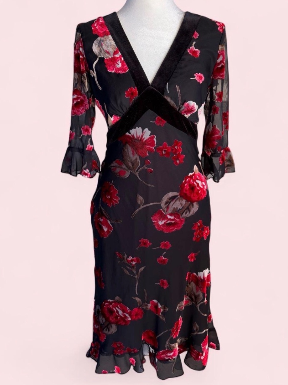 Y2k Black Velvet Floral V-Neck Midi Dress with Red Rose Print
